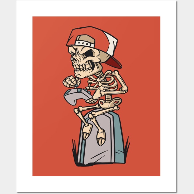 Cartoon Skeleton Gamer Sitting on a Tombstone Wall Art by SLAG_Creative